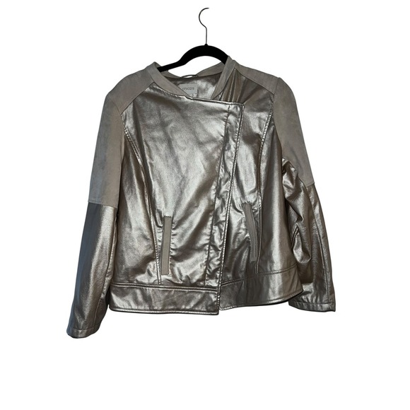 Chico's Moto Jacket Faux Leather Suede Trim Metallic Champagne Size 2 - Picture 1 of 7